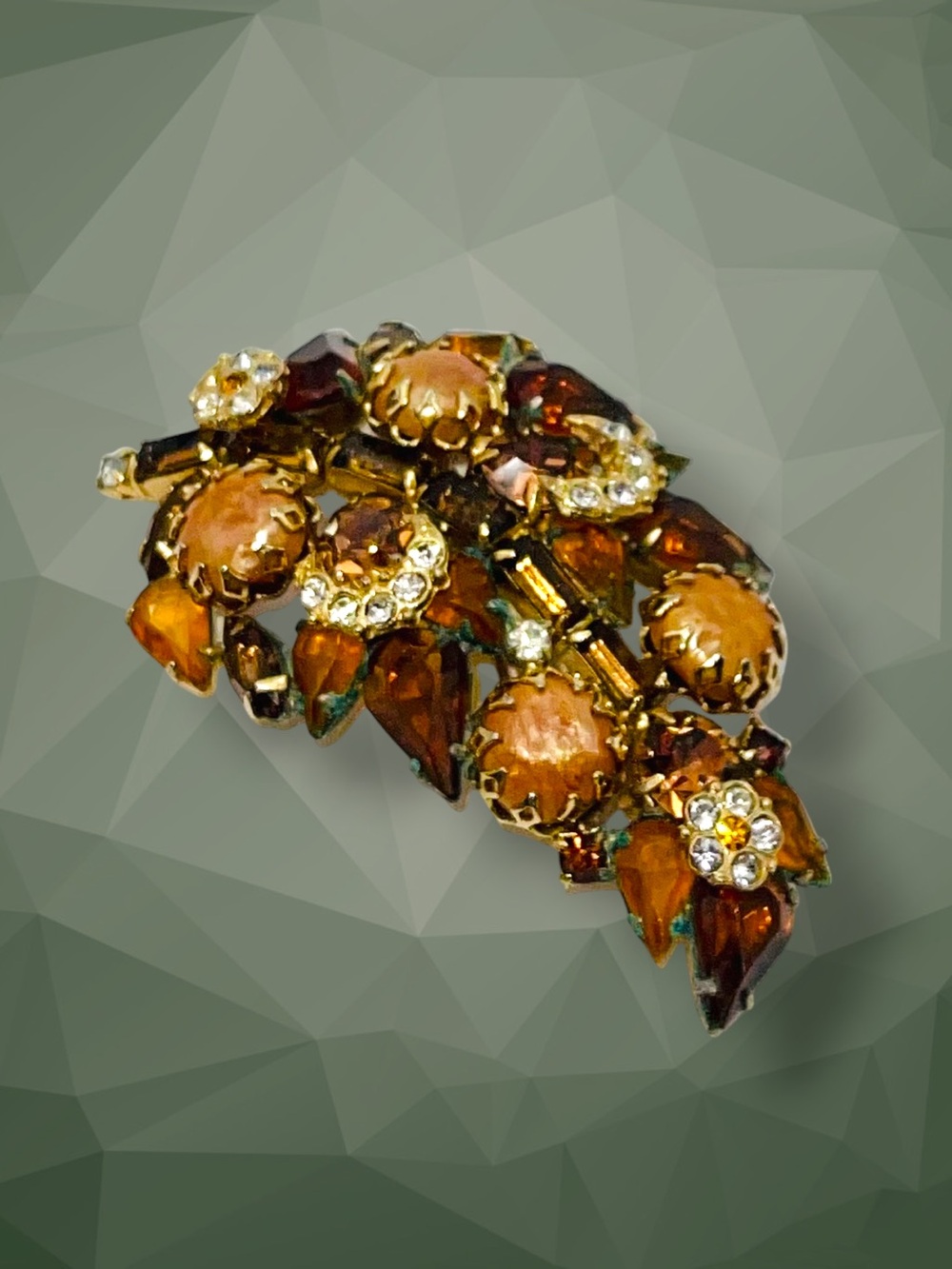 Stunning Vintage Mid Century Amber & Topaz Rhinestone Cluster Brooch Pin